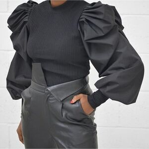 Alex Pinash New York -500 Puff Sleeve Mock Neck Women Blouse Black fits‎ a Small